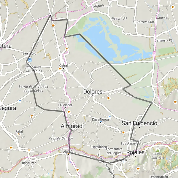 Miniaturní mapa "Rychlá silniční cesta kolem Rojales" inspirace pro cyklisty v oblasti Comunitat Valenciana, Spain. Vytvořeno pomocí plánovače tras Tarmacs.app