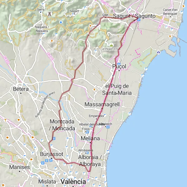 Miniatura della mappa di ispirazione al ciclismo "Tra le montagne di Sagunto" nella regione di Comunitat Valenciana, Spain. Generata da Tarmacs.app, pianificatore di rotte ciclistiche