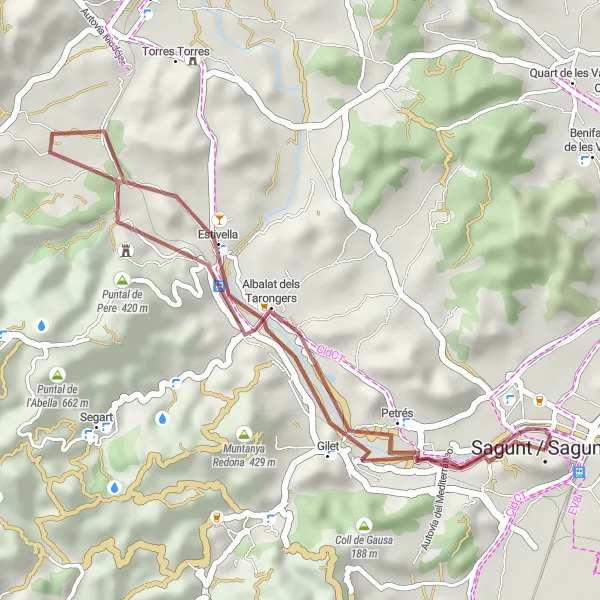 Miniatua del mapa de inspiración ciclista "Ruta en bicicleta de grava corta desde Sagunto" en Comunitat Valenciana, Spain. Generado por Tarmacs.app planificador de rutas ciclistas