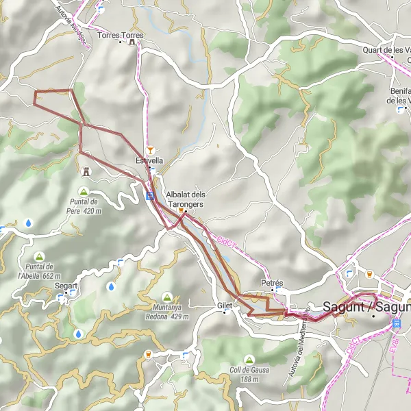 Map miniature of "Scenic Gravel Ride to Estivella" cycling inspiration in Comunitat Valenciana, Spain. Generated by Tarmacs.app cycling route planner