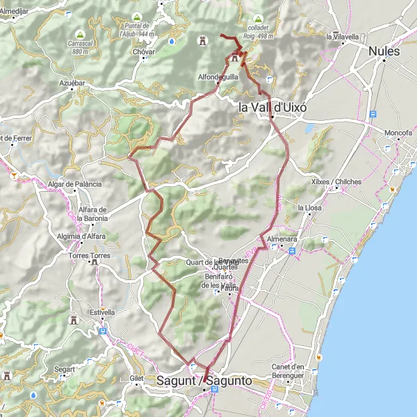Miniatura della mappa di ispirazione al ciclismo "Colline e Castelli Gravel Route" nella regione di Comunitat Valenciana, Spain. Generata da Tarmacs.app, pianificatore di rotte ciclistiche
