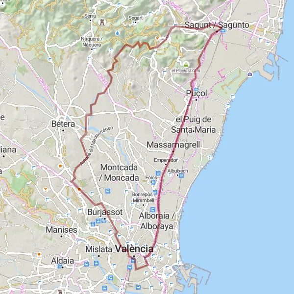 Map miniature of "La Pobla de Farnals Loop" cycling inspiration in Comunitat Valenciana, Spain. Generated by Tarmacs.app cycling route planner