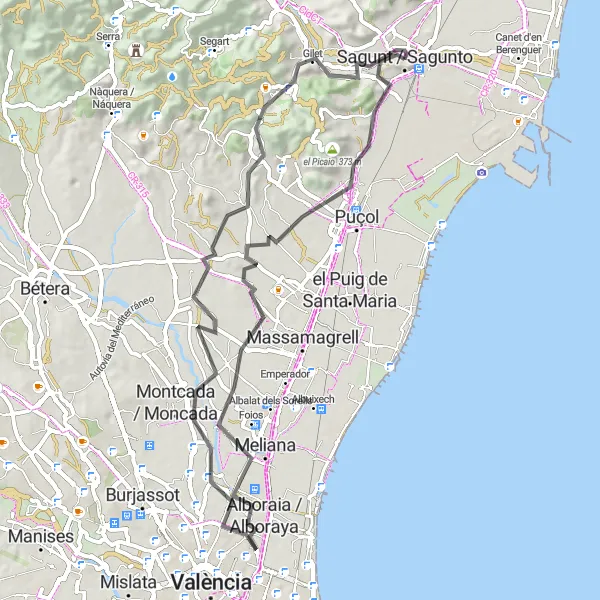 Miniatuurkaart van de fietsinspiratie "Rondrit vanuit Sagunto naar Alboraia / Alboraya" in Comunitat Valenciana, Spain. Gemaakt door de Tarmacs.app fietsrouteplanner