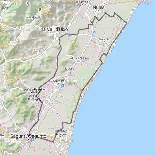 Miniatura della mappa di ispirazione al ciclismo "Costa e Castelli" nella regione di Comunitat Valenciana, Spain. Generata da Tarmacs.app, pianificatore di rotte ciclistiche