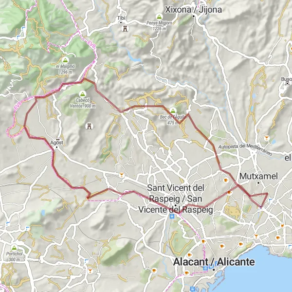 Miniatua del mapa de inspiración ciclista "Aventura en grava por San Vicente del Raspeig, Agost, Lloma de la Cervera y Sant Joan d'Alacant" en Comunitat Valenciana, Spain. Generado por Tarmacs.app planificador de rutas ciclistas