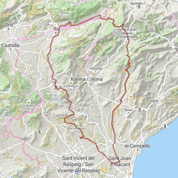 Miniatura della mappa di ispirazione al ciclismo "Avventura in bicicletta alla scoperta di Tibi e Mutxamel" nella regione di Comunitat Valenciana, Spain. Generata da Tarmacs.app, pianificatore di rotte ciclistiche