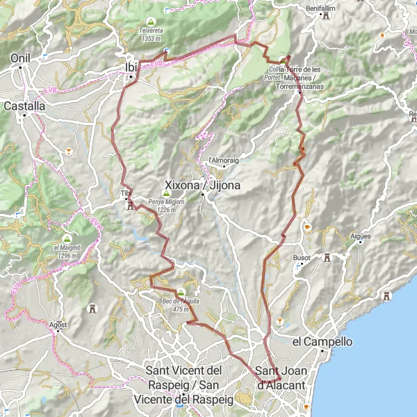 Miniatua del mapa de inspiración ciclista "Desafío en grava por Bec de l'Àguila, Tibi, Altet dels Argamells, Collado del Portet y Mutxamel" en Comunitat Valenciana, Spain. Generado por Tarmacs.app planificador de rutas ciclistas