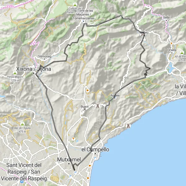 Miniatua del mapa de inspiración ciclista "Ruta en carretera hacia Xixona / Jijona" en Comunitat Valenciana, Spain. Generado por Tarmacs.app planificador de rutas ciclistas