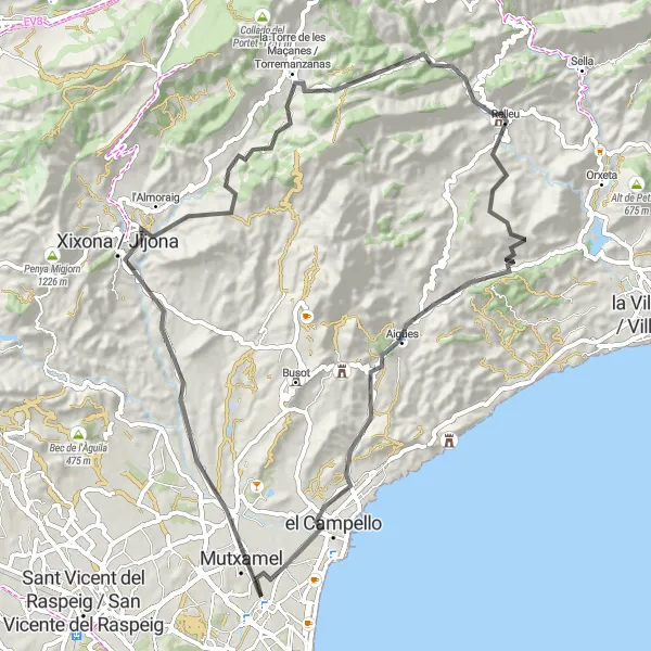 Miniatuurkaart van de fietsinspiratie "Rondrit Sant Joan d'Alacant - Xixona / Jijona - la Torre de les Maçanes / Torremanzanas - Relleu - Aigües - el Campello" in Comunitat Valenciana, Spain. Gemaakt door de Tarmacs.app fietsrouteplanner