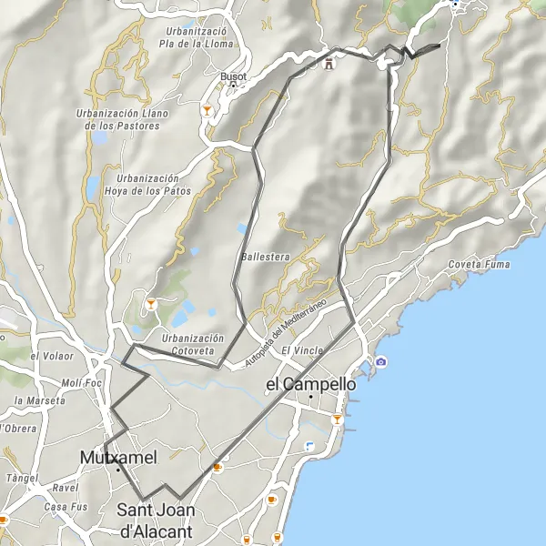 Map miniature of "Mutxamel and El Campello Loop" cycling inspiration in Comunitat Valenciana, Spain. Generated by Tarmacs.app cycling route planner