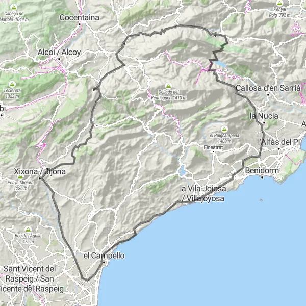 Miniaturekort af cykelinspirationen "Rundtur til Mutxamel, Xixona / Jijona, Alt de la Grana og mere" i Comunitat Valenciana, Spain. Genereret af Tarmacs.app cykelruteplanlægger