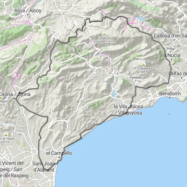 Miniature de la carte de l'inspiration cycliste "Défi cycliste autour de Sant Joan d'Alacant" dans la Comunitat Valenciana, Spain. Générée par le planificateur d'itinéraire cycliste Tarmacs.app