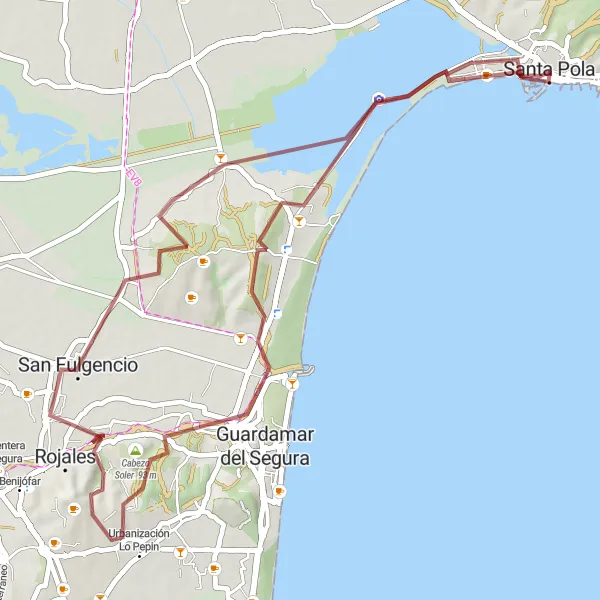 Miniatura della mappa di ispirazione al ciclismo "Gravel Ruinas del Portus Illicitanus - Salines de Santa Pola" nella regione di Comunitat Valenciana, Spain. Generata da Tarmacs.app, pianificatore di rotte ciclistiche