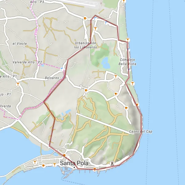 Miniaturní mapa "Gravelová trasa Ruinas del Portus Illicitanus" inspirace pro cyklisty v oblasti Comunitat Valenciana, Spain. Vytvořeno pomocí plánovače tras Tarmacs.app