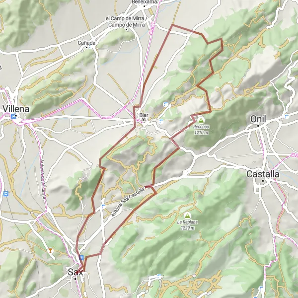 Map miniature of "Gravel ride through the rugged Sierra del Fraile" cycling inspiration in Comunitat Valenciana, Spain. Generated by Tarmacs.app cycling route planner