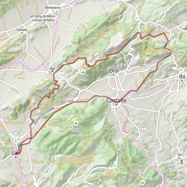 Miniaturekort af cykelinspirationen "Udforskning af Biar og Castalla på en 71 km lang grusrute" i Comunitat Valenciana, Spain. Genereret af Tarmacs.app cykelruteplanlægger