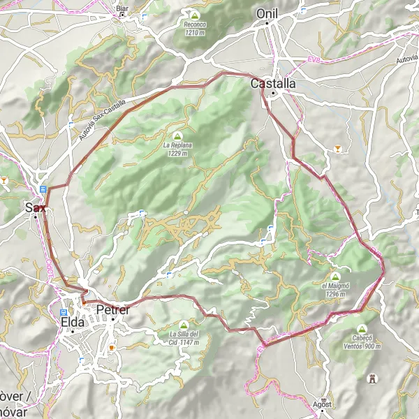 Map miniature of "Gravel Adventure in Sax and Castalla" cycling inspiration in Comunitat Valenciana, Spain. Generated by Tarmacs.app cycling route planner