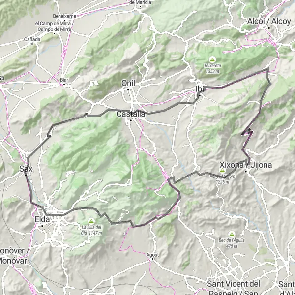 Miniatua del mapa de inspiración ciclista "Ruta alrededor de Sax en bici de carretera" en Comunitat Valenciana, Spain. Generado por Tarmacs.app planificador de rutas ciclistas