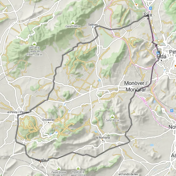 Miniatura della mappa di ispirazione al ciclismo "Itinerario in bici da Sax a Pinoso" nella regione di Comunitat Valenciana, Spain. Generata da Tarmacs.app, pianificatore di rotte ciclistiche