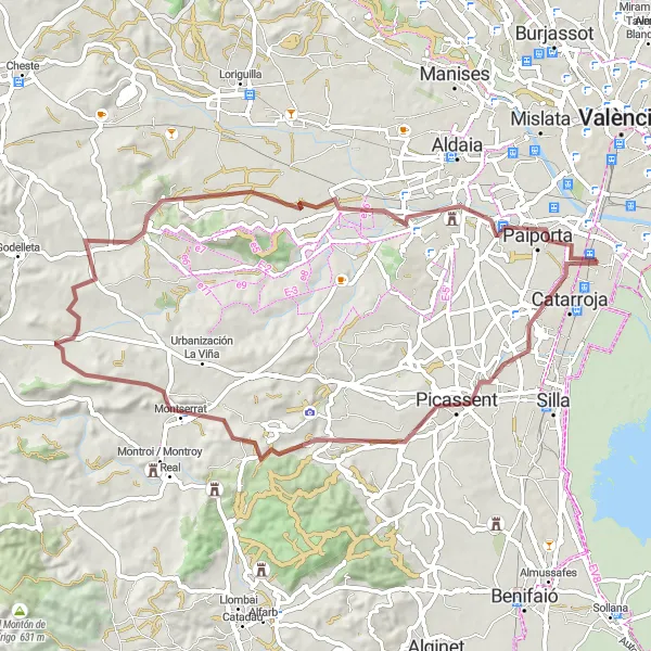 Miniatua del mapa de inspiración ciclista "Ruta de Gravilla por Alcàsser y Torrent" en Comunitat Valenciana, Spain. Generado por Tarmacs.app planificador de rutas ciclistas