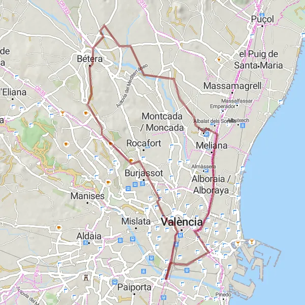 Miniatura della mappa di ispirazione al ciclismo "Giro in Gravel attraverso la campagna valenciana" nella regione di Comunitat Valenciana, Spain. Generata da Tarmacs.app, pianificatore di rotte ciclistiche