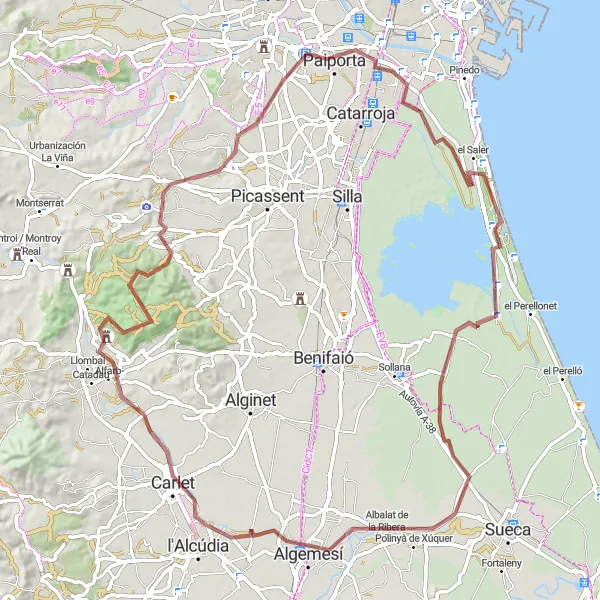 Map miniature of "Gravel Serenity in Polinyà de Xúquer" cycling inspiration in Comunitat Valenciana, Spain. Generated by Tarmacs.app cycling route planner