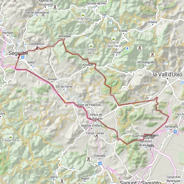 Miniatura della mappa di ispirazione al ciclismo "Scoperta in bicicletta gravel nei dintorni di Segorbe" nella regione di Comunitat Valenciana, Spain. Generata da Tarmacs.app, pianificatore di rotte ciclistiche