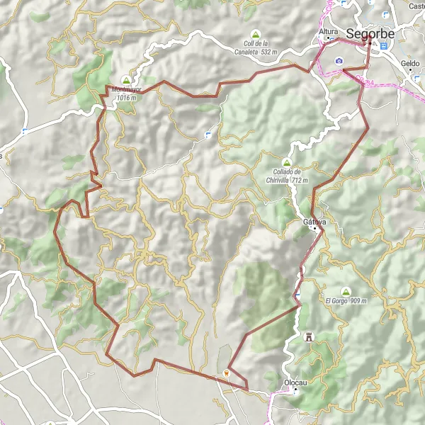 Miniatura della mappa di ispirazione al ciclismo "Giro in Gravel di Gátova" nella regione di Comunitat Valenciana, Spain. Generata da Tarmacs.app, pianificatore di rotte ciclistiche