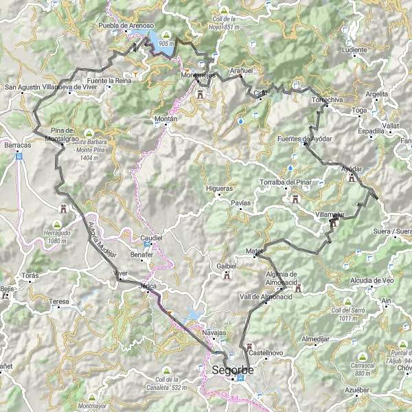 Miniatua del mapa de inspiración ciclista "Ruta de ciclismo de carretera por Segorbe" en Comunitat Valenciana, Spain. Generado por Tarmacs.app planificador de rutas ciclistas