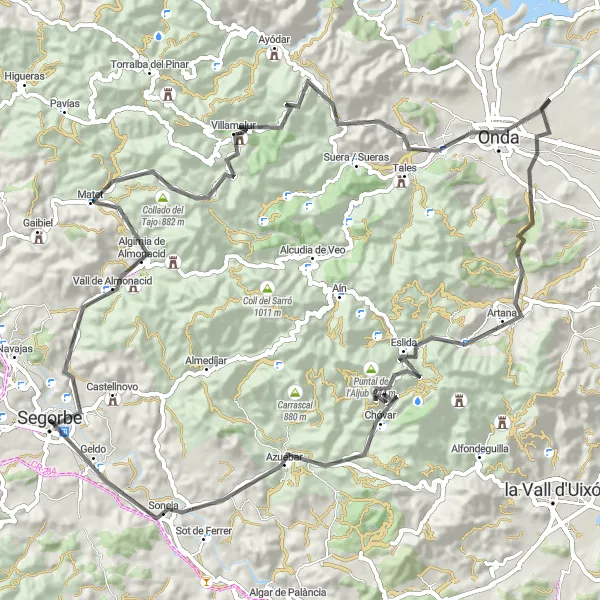 Miniatua del mapa de inspiración ciclista "Ruta de Ciclismo en Carretera desde Segorbe" en Comunitat Valenciana, Spain. Generado por Tarmacs.app planificador de rutas ciclistas