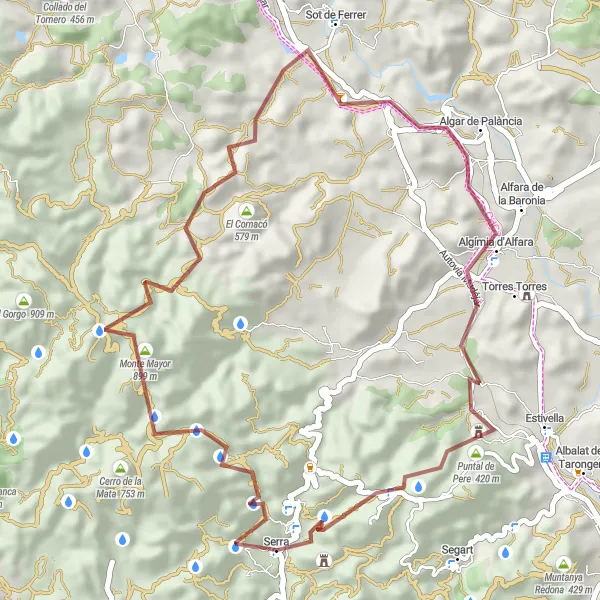 Miniatura della mappa di ispirazione al ciclismo "Giro in Gravel attraverso El Cornacó e Mirador del Vizcaíno" nella regione di Comunitat Valenciana, Spain. Generata da Tarmacs.app, pianificatore di rotte ciclistiche