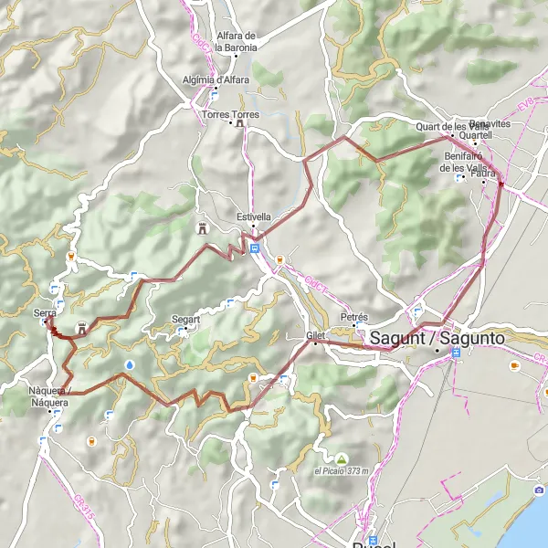 Miniatura della mappa di ispirazione al ciclismo "Escursione in Gravel da Serra a Estivella" nella regione di Comunitat Valenciana, Spain. Generata da Tarmacs.app, pianificatore di rotte ciclistiche