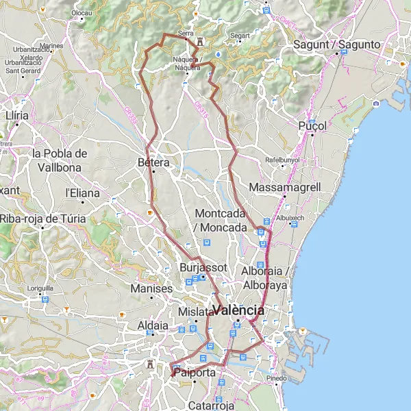 Map miniature of "Scenic Gravel Paradise" cycling inspiration in Comunitat Valenciana, Spain. Generated by Tarmacs.app cycling route planner