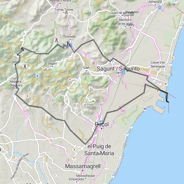 Miniatura della mappa di ispirazione al ciclismo "Giro su Strada da Serra a Rafelbunyol" nella regione di Comunitat Valenciana, Spain. Generata da Tarmacs.app, pianificatore di rotte ciclistiche