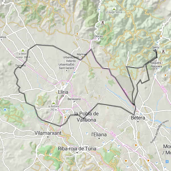 Miniatua del mapa de inspiración ciclista "Ruta en bicicleta de carretera desde Serra a la Pobla de Vallbona" en Comunitat Valenciana, Spain. Generado por Tarmacs.app planificador de rutas ciclistas