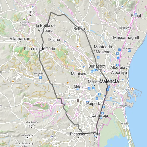 Miniatuurkaart van de fietsinspiratie "Fietsroute van Silla naar Bétera" in Comunitat Valenciana, Spain. Gemaakt door de Tarmacs.app fietsrouteplanner