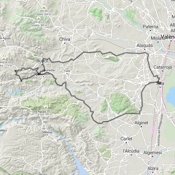 Miniatuurkaart van de fietsinspiratie "Rondje Silla - Verkenning van Valenciaanse bergen en dorpen" in Comunitat Valenciana, Spain. Gemaakt door de Tarmacs.app fietsrouteplanner