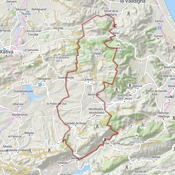 Karten-Miniaturansicht der Radinspiration "Abenteuerliche Gravel-Tour durch die Valldigna-Region" in Comunitat Valenciana, Spain. Erstellt vom Tarmacs.app-Routenplaner für Radtouren