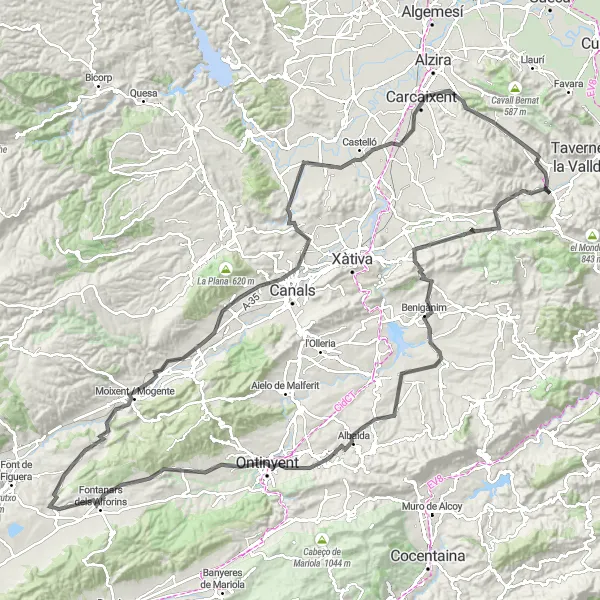 Miniatura della mappa di ispirazione al ciclismo "Giro su strada con vista mozzafiato" nella regione di Comunitat Valenciana, Spain. Generata da Tarmacs.app, pianificatore di rotte ciclistiche