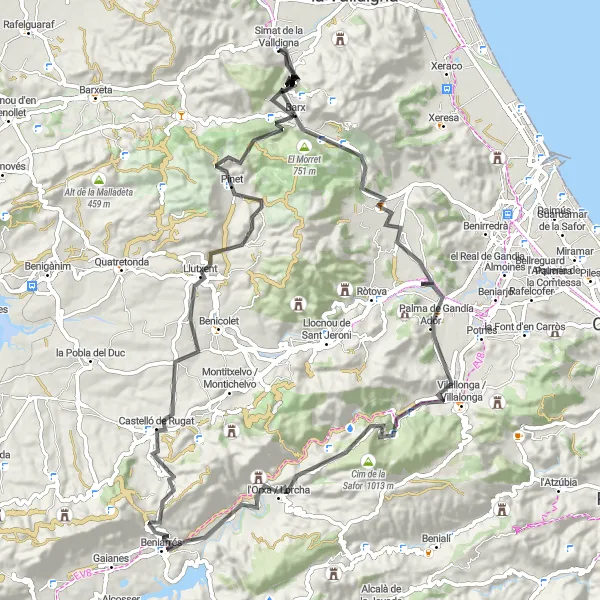 Miniatua del mapa de inspiración ciclista "Ruta de ciclismo desde Simat de la Valldigna a través de Barx, el Mondúver y Villalonga" en Comunitat Valenciana, Spain. Generado por Tarmacs.app planificador de rutas ciclistas