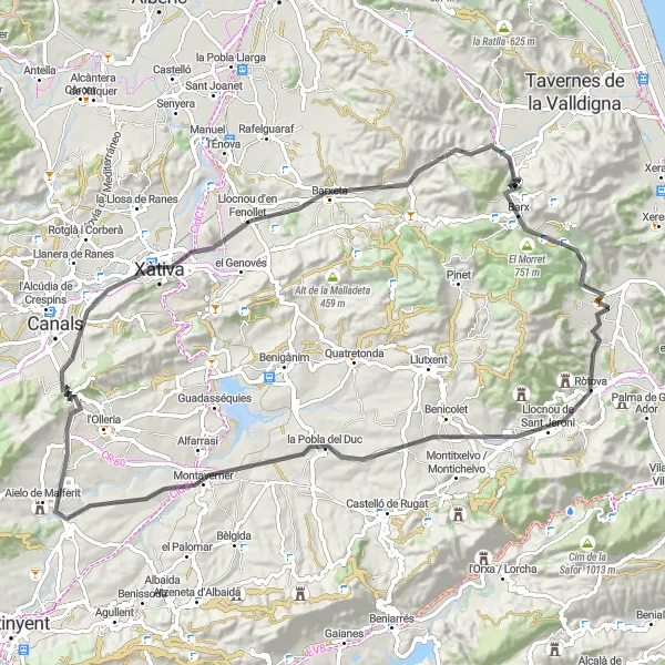 Miniatua del mapa de inspiración ciclista "Ruta en Carretera alrededor de Simat de la Valldigna" en Comunitat Valenciana, Spain. Generado por Tarmacs.app planificador de rutas ciclistas