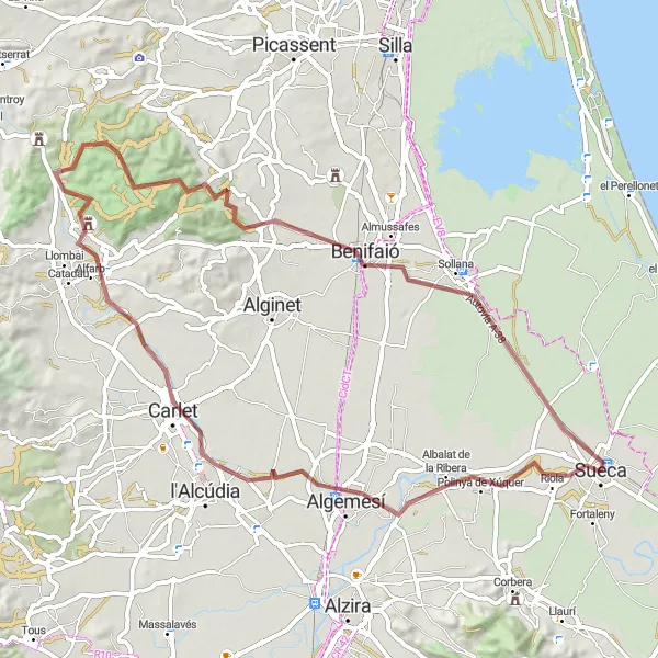 Miniatura della mappa di ispirazione al ciclismo "Rotta in bicicletta di 72 km su sterrato da Sueca" nella regione di Comunitat Valenciana, Spain. Generata da Tarmacs.app, pianificatore di rotte ciclistiche