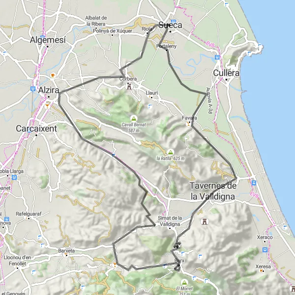 Miniatua del mapa de inspiración ciclista "Ruta a Fortaleny, Barx, el Picaio, La Barraca d'Aigües Vives, La Torre y Sueca" en Comunitat Valenciana, Spain. Generado por Tarmacs.app planificador de rutas ciclistas