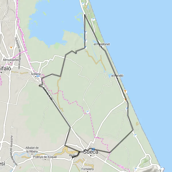 Map miniature of "Sollana Road Ride" cycling inspiration in Comunitat Valenciana, Spain. Generated by Tarmacs.app cycling route planner