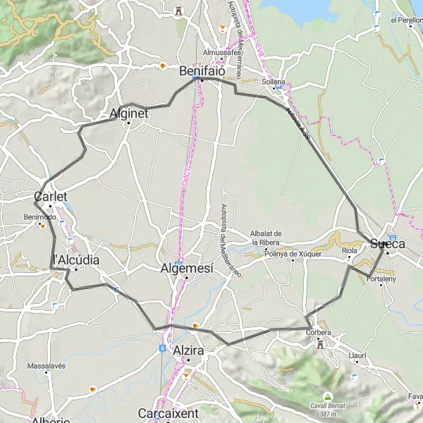 Miniatua del mapa de inspiración ciclista "Ruta a Riola, Alzira, Benimodo, Alginet, Benifaió y Ateneo Sueco" en Comunitat Valenciana, Spain. Generado por Tarmacs.app planificador de rutas ciclistas