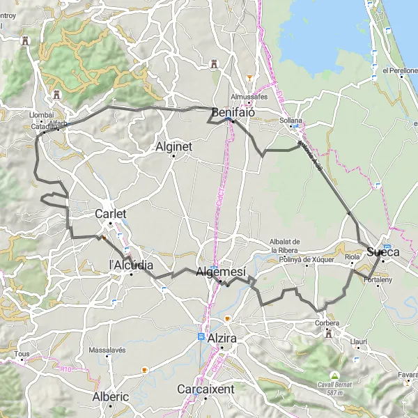 Miniature de la carte de l'inspiration cycliste "Le circuit de Guadassuar-Catadau-Torre de la Plaza" dans la Comunitat Valenciana, Spain. Générée par le planificateur d'itinéraire cycliste Tarmacs.app