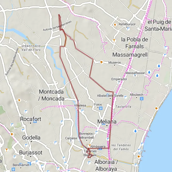 Miniatua del mapa de inspiración ciclista "Ruta de bicicleta de grava en Tavernes Blanques" en Comunitat Valenciana, Spain. Generado por Tarmacs.app planificador de rutas ciclistas