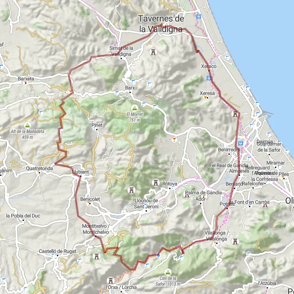 Miniatua del mapa de inspiración ciclista "Aventúrate en emocionantes rutas de gravilla cerca de Tavernes de la Valldigna" en Comunitat Valenciana, Spain. Generado por Tarmacs.app planificador de rutas ciclistas