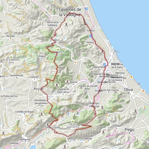 Miniatua del mapa de inspiración ciclista "Aventúrate en desafiantes rutas de gravilla cerca de Tavernes de la Valldigna" en Comunitat Valenciana, Spain. Generado por Tarmacs.app planificador de rutas ciclistas