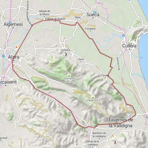 Miniatua del mapa de inspiración ciclista "Explora rutas de gravilla cerca de Tavernes de la Valldigna" en Comunitat Valenciana, Spain. Generado por Tarmacs.app planificador de rutas ciclistas
